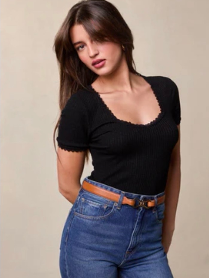 Rouje Black Ribbed Short Sleeve Top